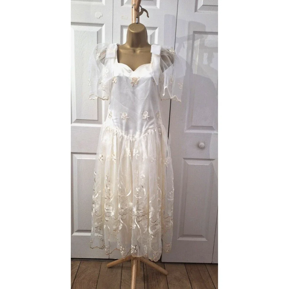 Cream Formal Midi Tea Dress Med Chiffon Bows Sheer Layer Fit Flare Cottage Fairy